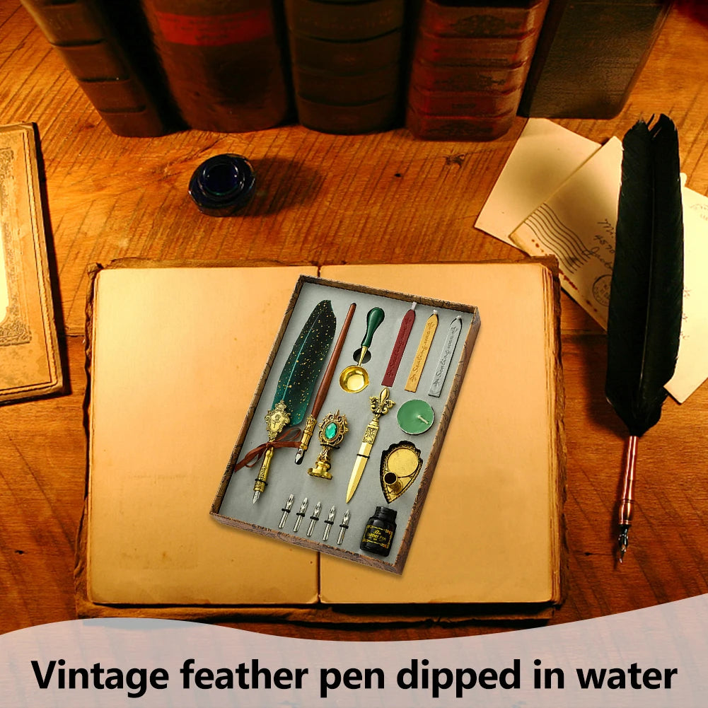 Retro Feather Pen Writing Ink Set Stationery Exquisite Feather Dip Pen Stamp Set Art Supplies Crafts Gifts for Student DIY