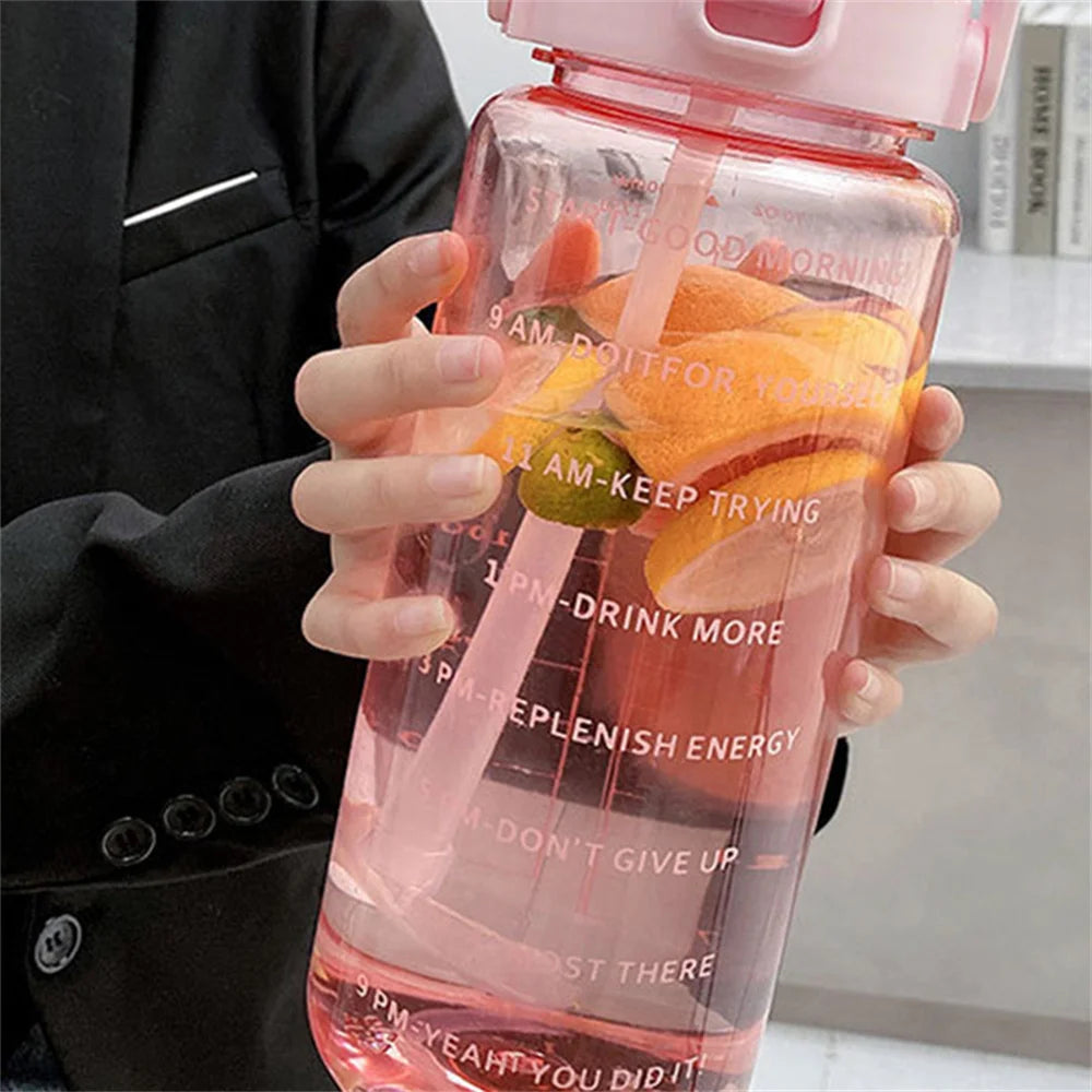 2L Water Bottle with Time Marker, Leak Proof, Non-Slip, Plastic  Portable Travel Water Bottle Fitness Cup With Cute Stickes