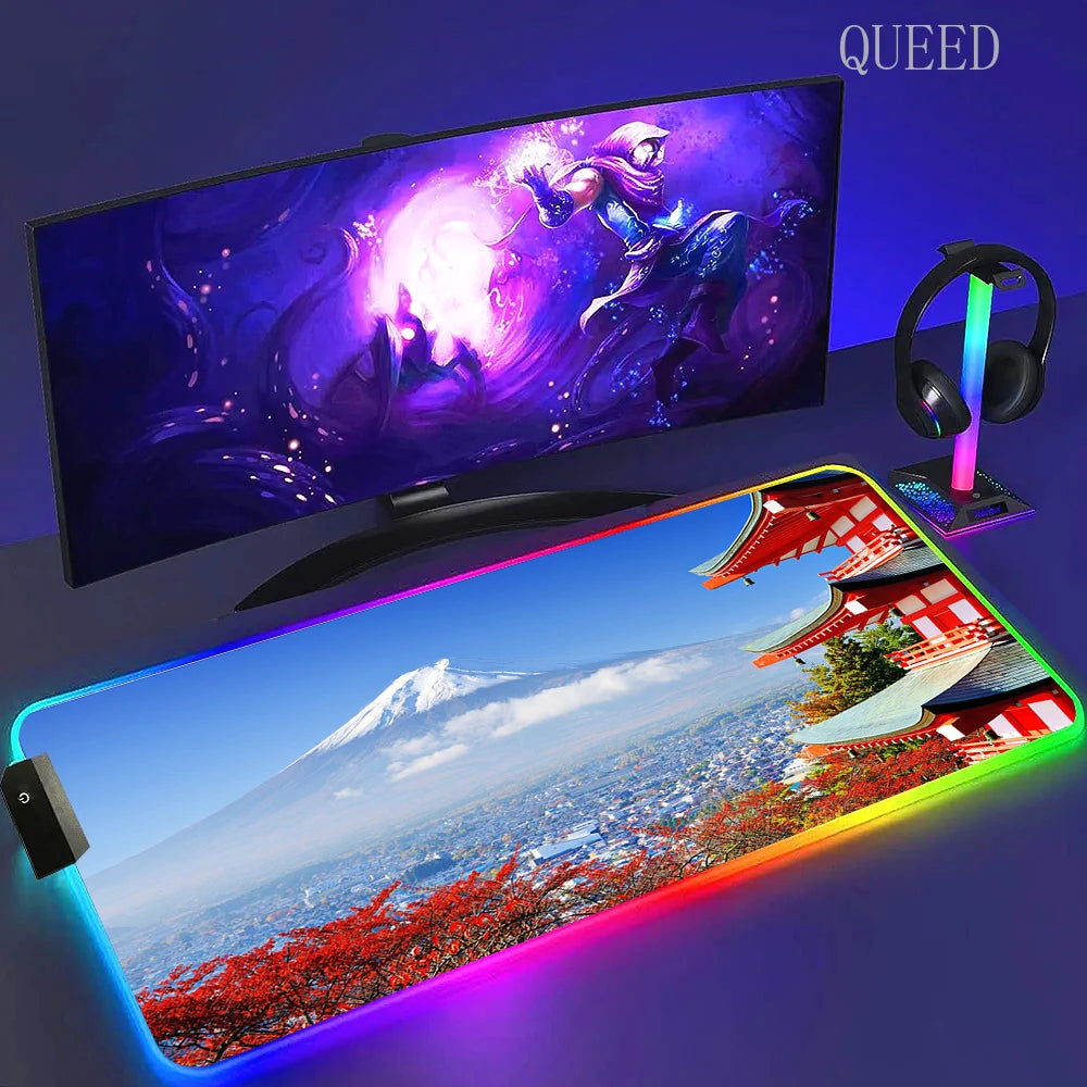 Led Large Desk Mat Fantasy Mountain Landscape Rgb Mousepad Carpet with Backlight Mausepad Lockrand Colorful Mouse Pad Desk Mats
