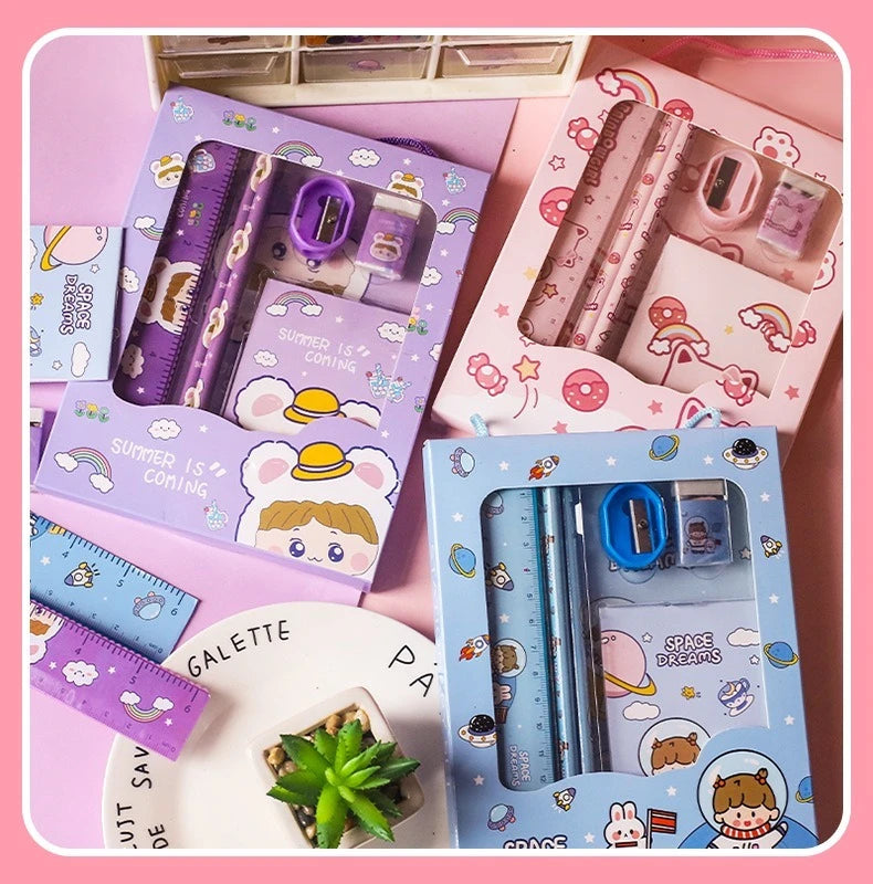 New Cartoon Stationery Set Including Pencil Notebook Ruler Eraser Pencil Sharpener Student School Supplies Stationery Gifts