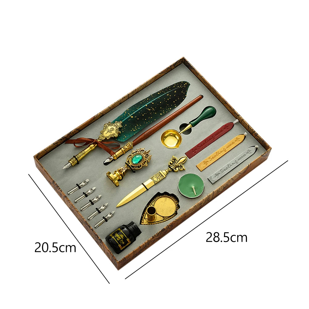 Retro Feather Pen Writing Ink Set Stationery Exquisite Feather Dip Pen Stamp Set Art Supplies Crafts Gifts for Student DIY