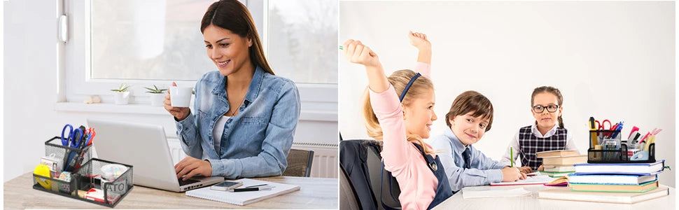 Mesh Desk Organizer Office Supplies Caddy with Pencil Holder and Storage Baskets for Desktop Accessories, 3 Compartments, Black