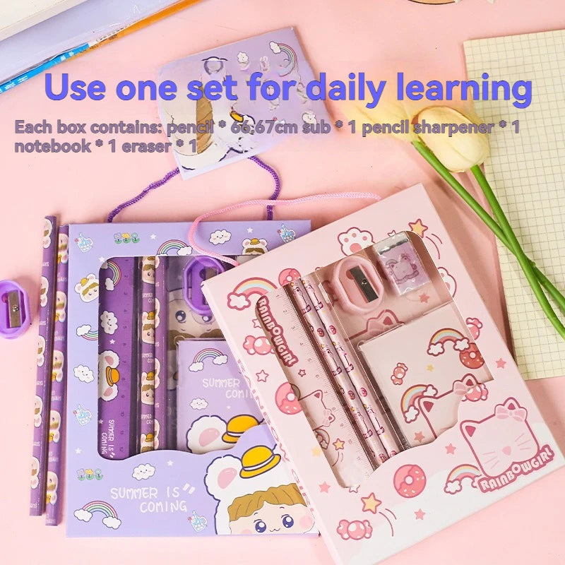 New Cartoon Stationery Set Including Pencil Notebook Ruler Eraser Pencil Sharpener Student School Supplies Stationery Gifts