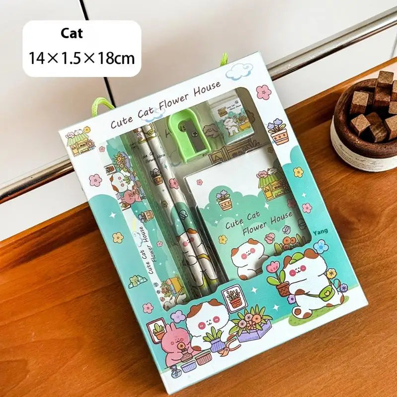 6Pcs/Set Cute Cartoon Capybara Pencil Stationery Set Kawaii Cat Eraser Pencil Sharpener Children's Student Stationery Supplies