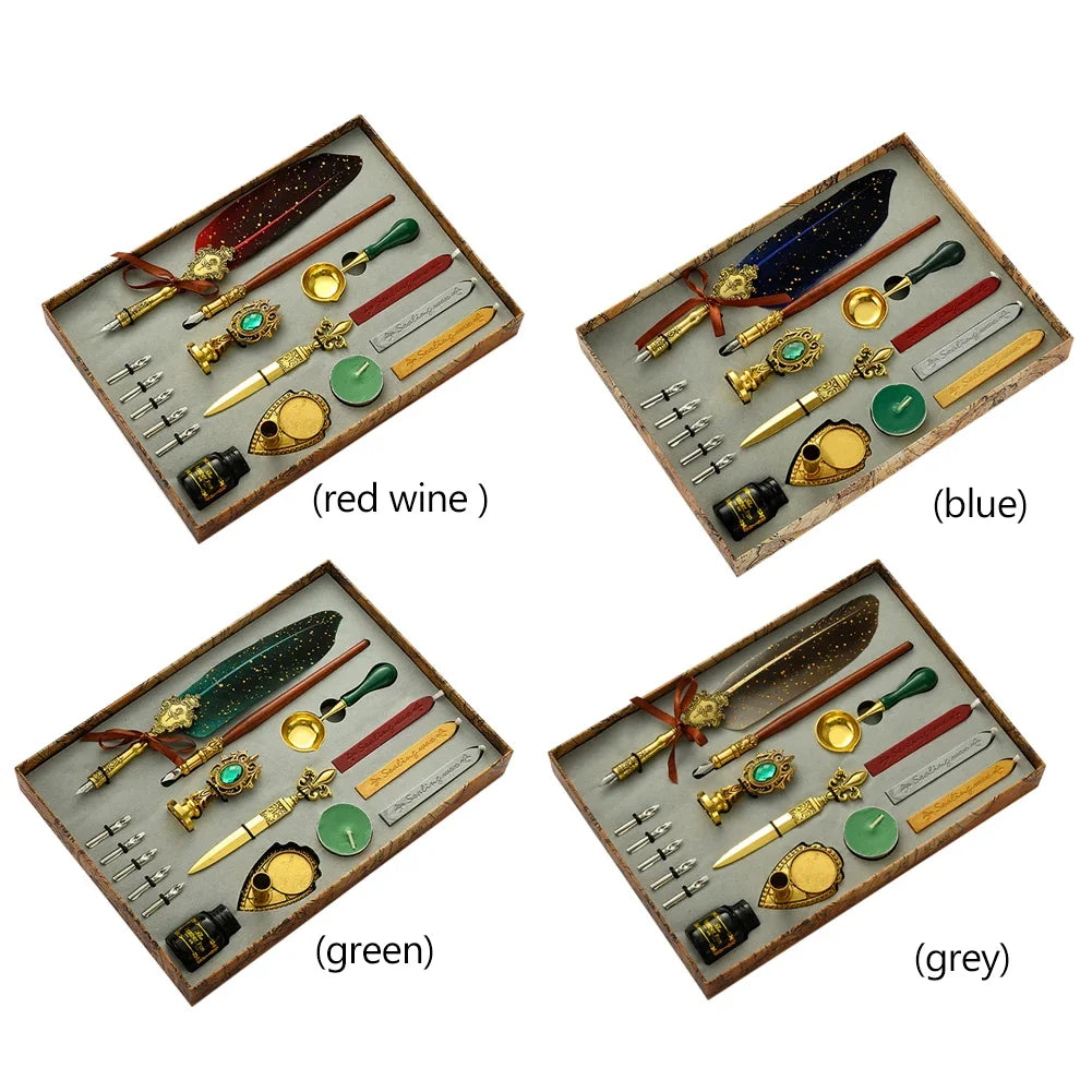 Retro Feather Pen Writing Ink Set Stationery Exquisite Feather Dip Pen Stamp Set Art Supplies Crafts Gifts for Student DIY