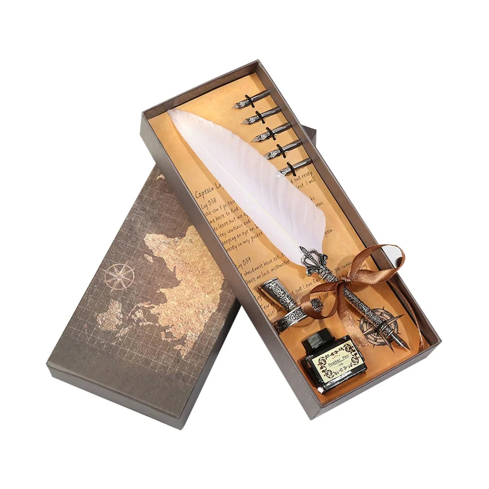 Retro Feather Pen Writing Ink Set Stationery Exquisite Feather Dip Pen Stamp Set Art Supplies Crafts Gifts for Student DIY