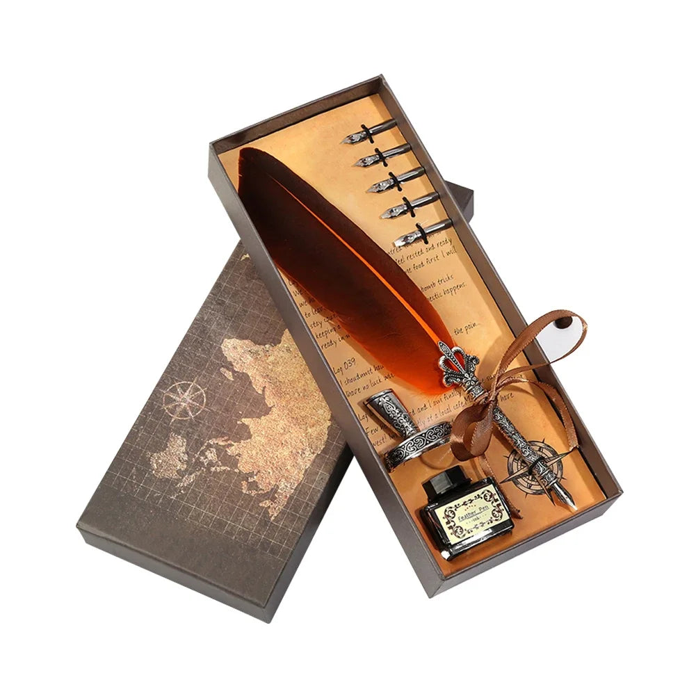 Retro Feather Pen Writing Ink Set Stationery Exquisite Feather Dip Pen Stamp Set Art Supplies Crafts Gifts for Student DIY