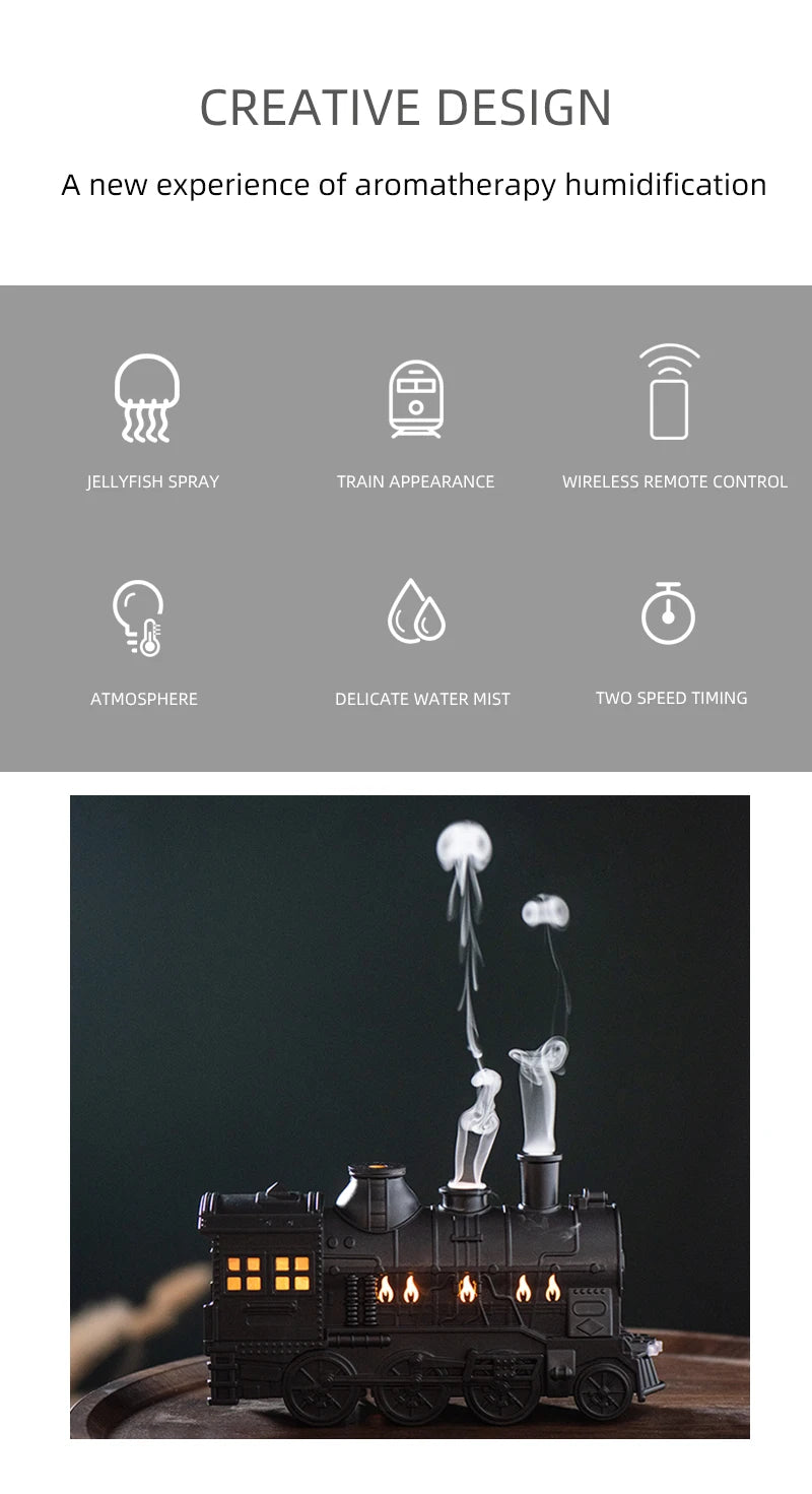 Essential Oil Diffuser Train Humidifier 300ml Two Mist Modes Aromatherapy Diffuser Two-color Lighting Humidification for Home