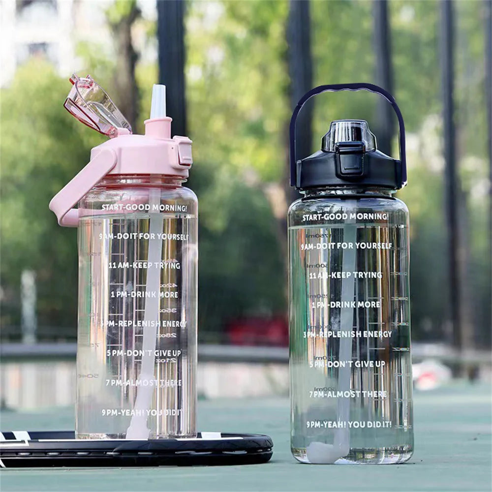 2L Water Bottle with Time Marker, Leak Proof, Non-Slip, Plastic  Portable Travel Water Bottle Fitness Cup With Cute Stickes