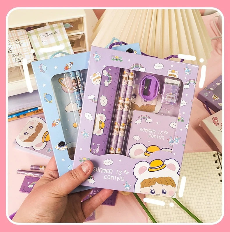 New Cartoon Stationery Set Including Pencil Notebook Ruler Eraser Pencil Sharpener Student School Supplies Stationery Gifts