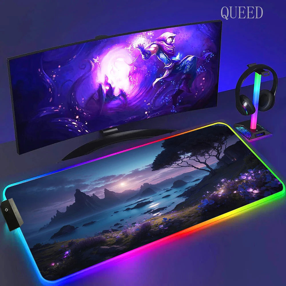 Led Large Desk Mat Fantasy Mountain Landscape Rgb Mousepad Carpet with Backlight Mausepad Lockrand Colorful Mouse Pad Desk Mats