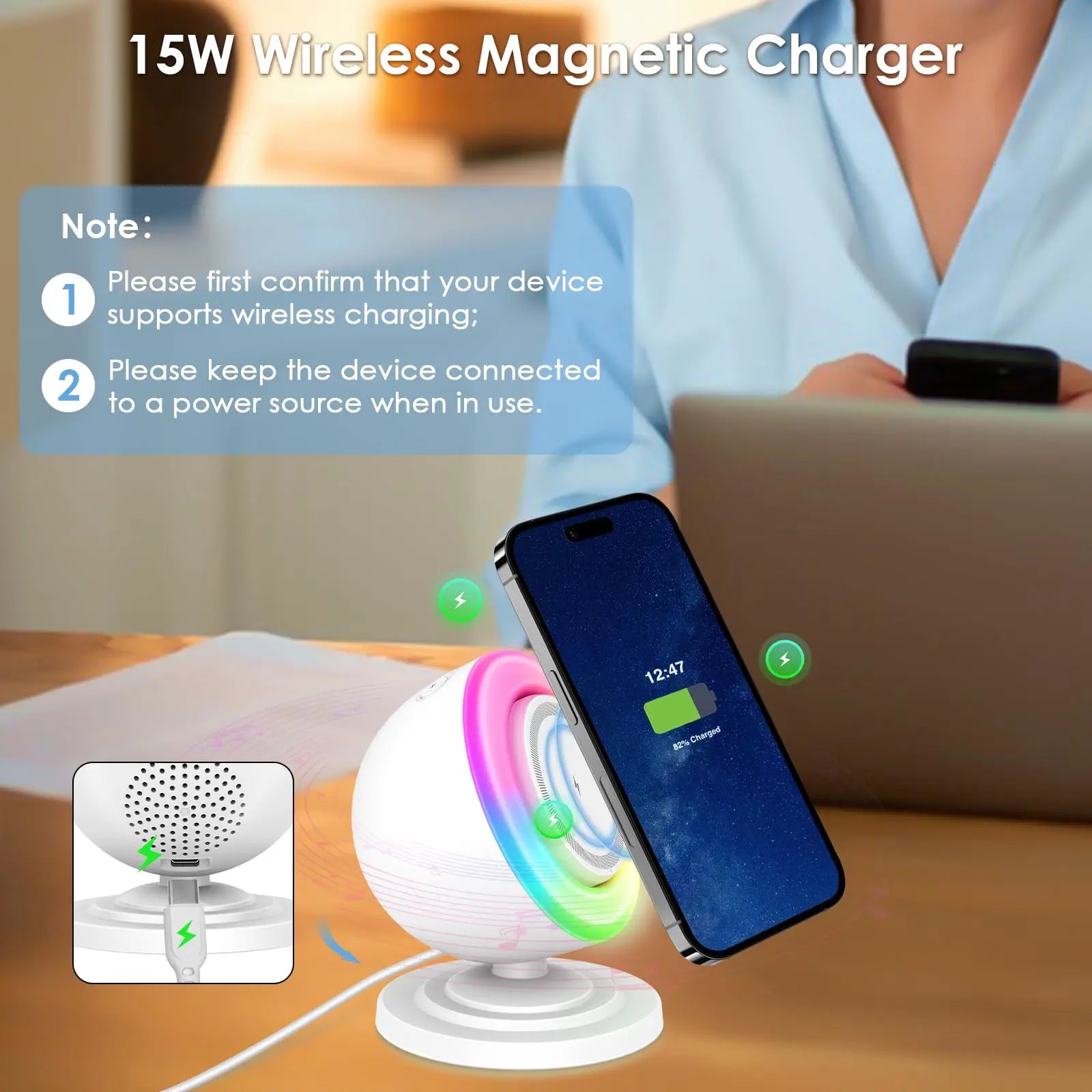 Wireless Charger Bluetooth Speaker and Night Lights  4 in 1 Phone Charging Station  for Home Decor, Bedroom Office