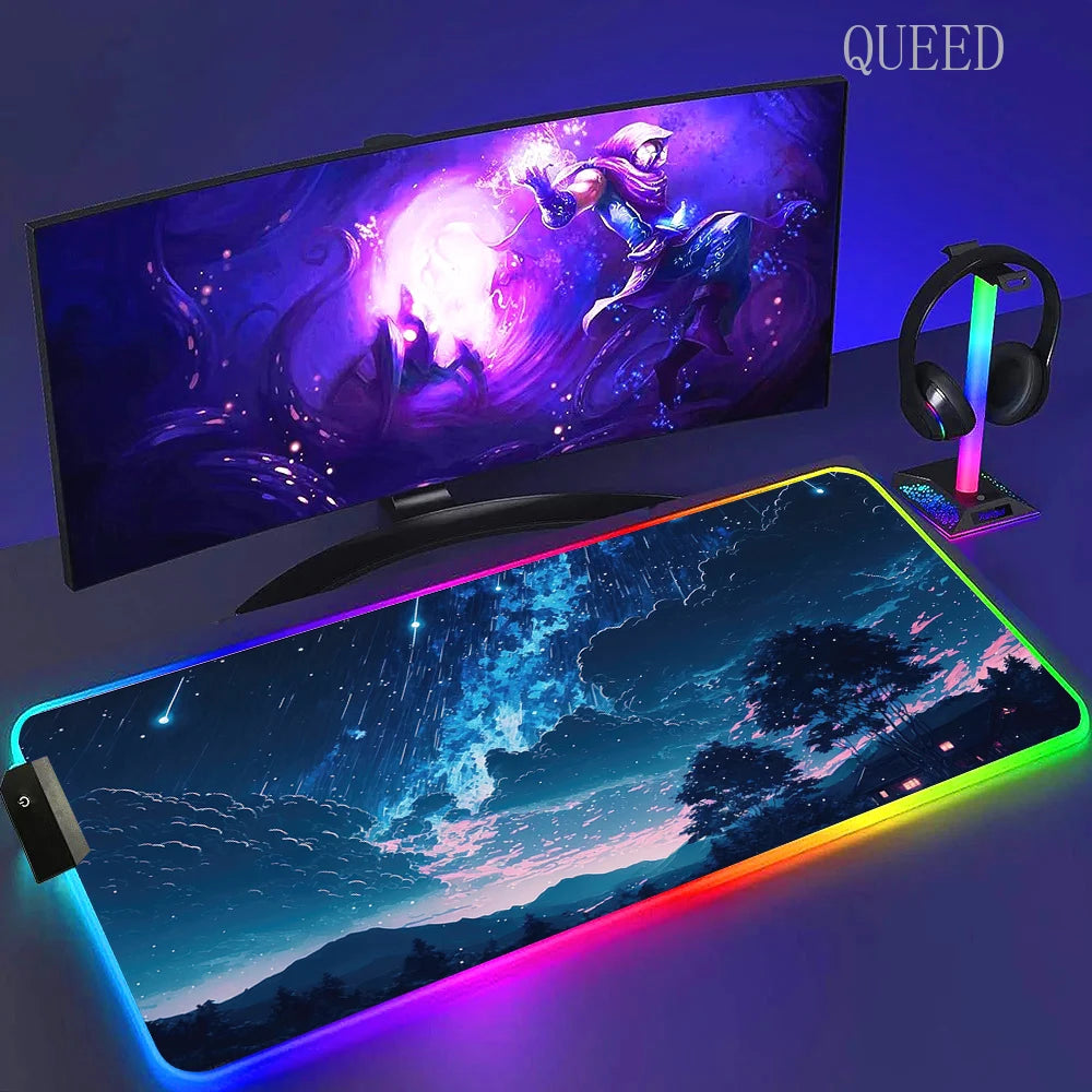 Led Large Desk Mat Fantasy Mountain Landscape Rgb Mousepad Carpet with Backlight Mausepad Lockrand Colorful Mouse Pad Desk Mats