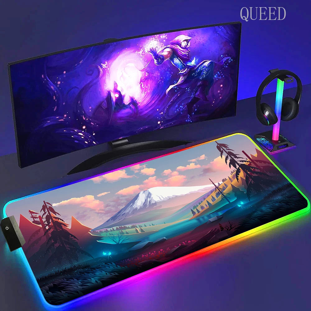 Led Large Desk Mat Fantasy Mountain Landscape Rgb Mousepad Carpet with Backlight Mausepad Lockrand Colorful Mouse Pad Desk Mats
