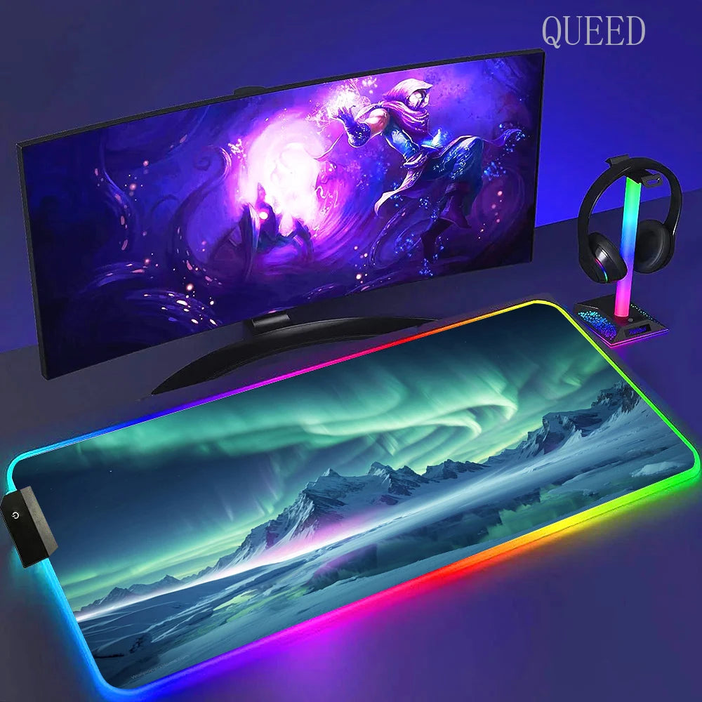 Led Large Desk Mat Fantasy Mountain Landscape Rgb Mousepad Carpet with Backlight Mausepad Lockrand Colorful Mouse Pad Desk Mats