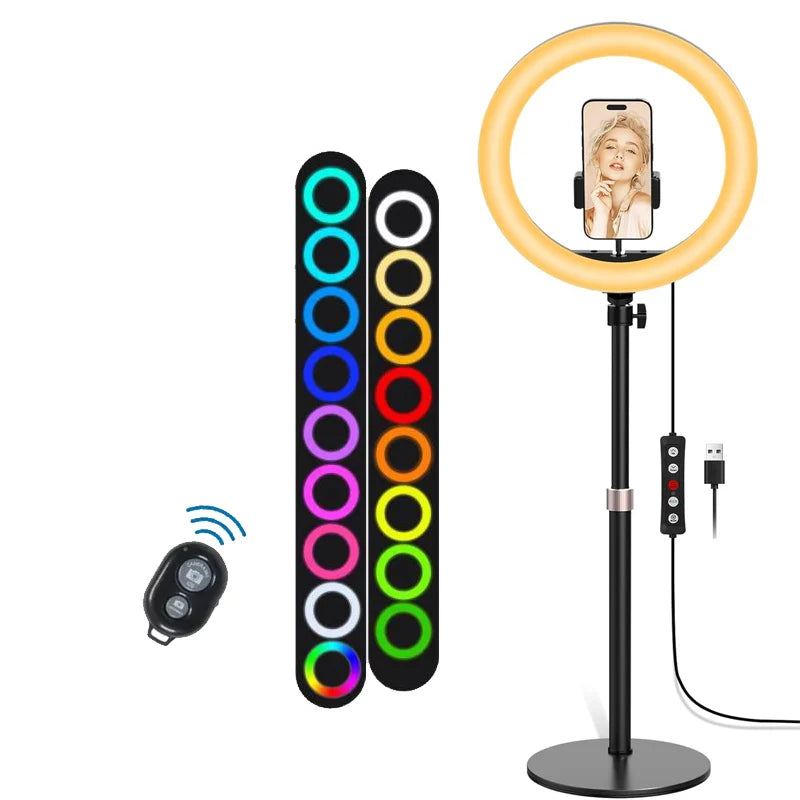 RGB Desk Ring Light with Stand and Phone Holder - 10.5'' Desktop Light Ring for Video Recording, Podcast, Selfie, Zoom Lighting