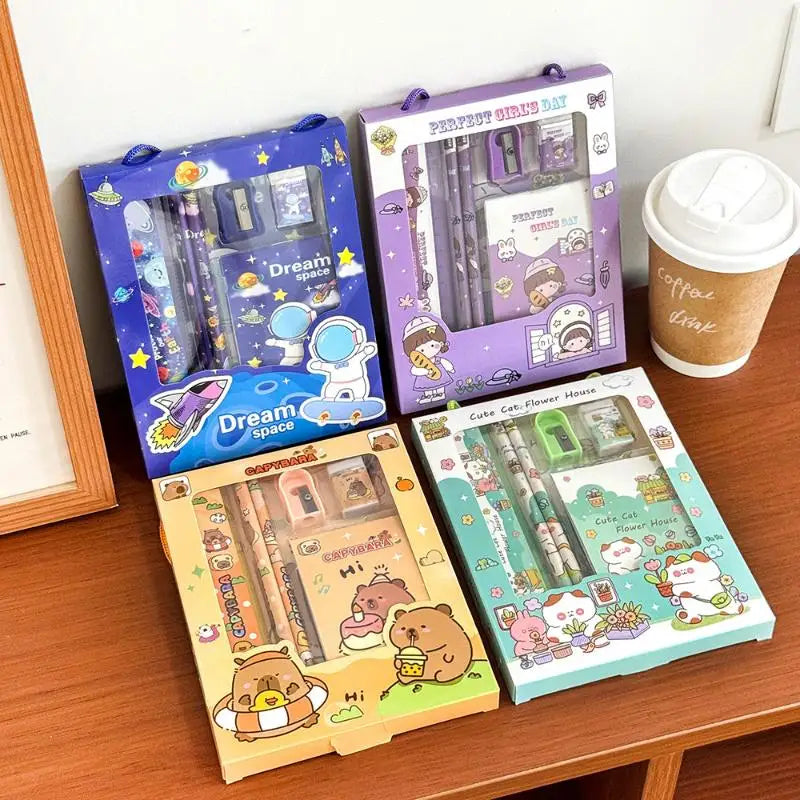 6Pcs/Set Cute Cartoon Capybara Pencil Stationery Set Kawaii Cat Eraser Pencil Sharpener Children's Student Stationery Supplies