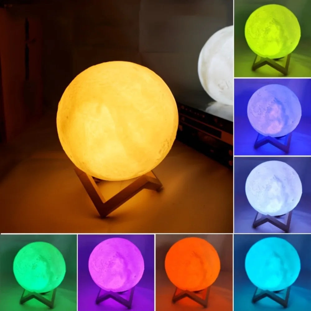 16 Colors 3D Printed Moon Lamp USB Plug LED Night Light with Wooden Stand Remote Control Adjustable Brightness Table Light