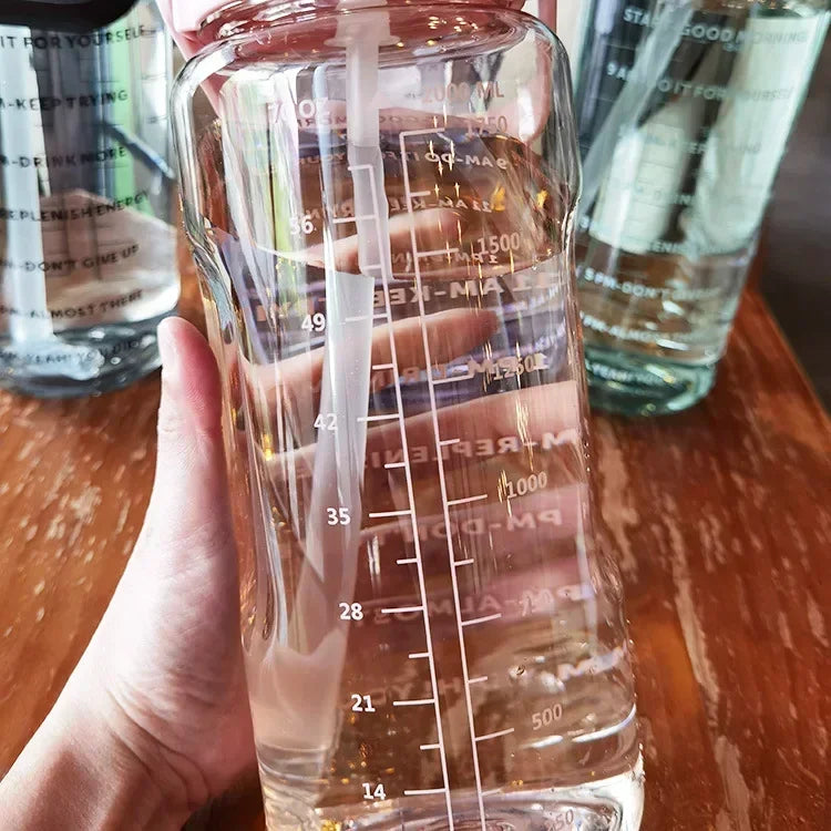 2L Water Bottle Portable Straw Plastic Water Cup for Outdoor Sports Fitness Adult High Value Big Fat Cup with Time Marker