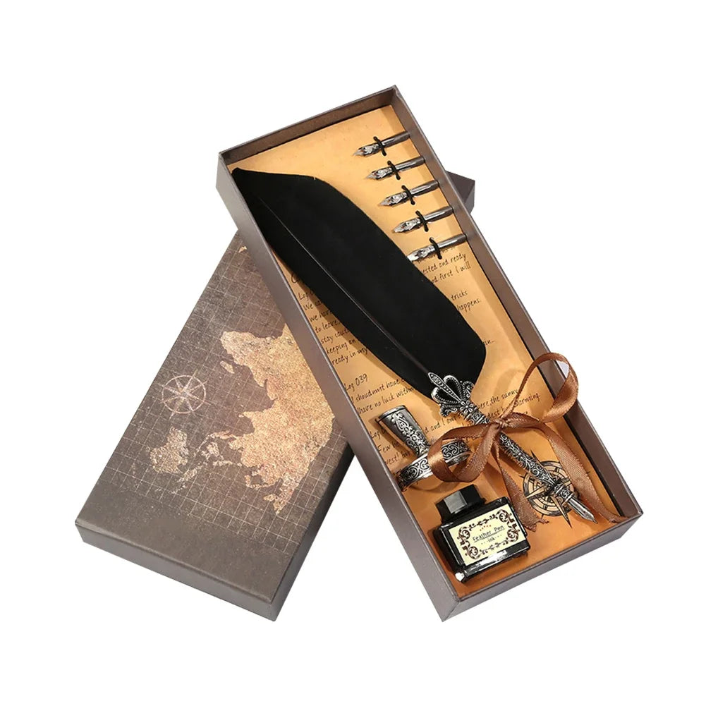 Retro Feather Pen Writing Ink Set Stationery Exquisite Feather Dip Pen Stamp Set Art Supplies Crafts Gifts for Student DIY