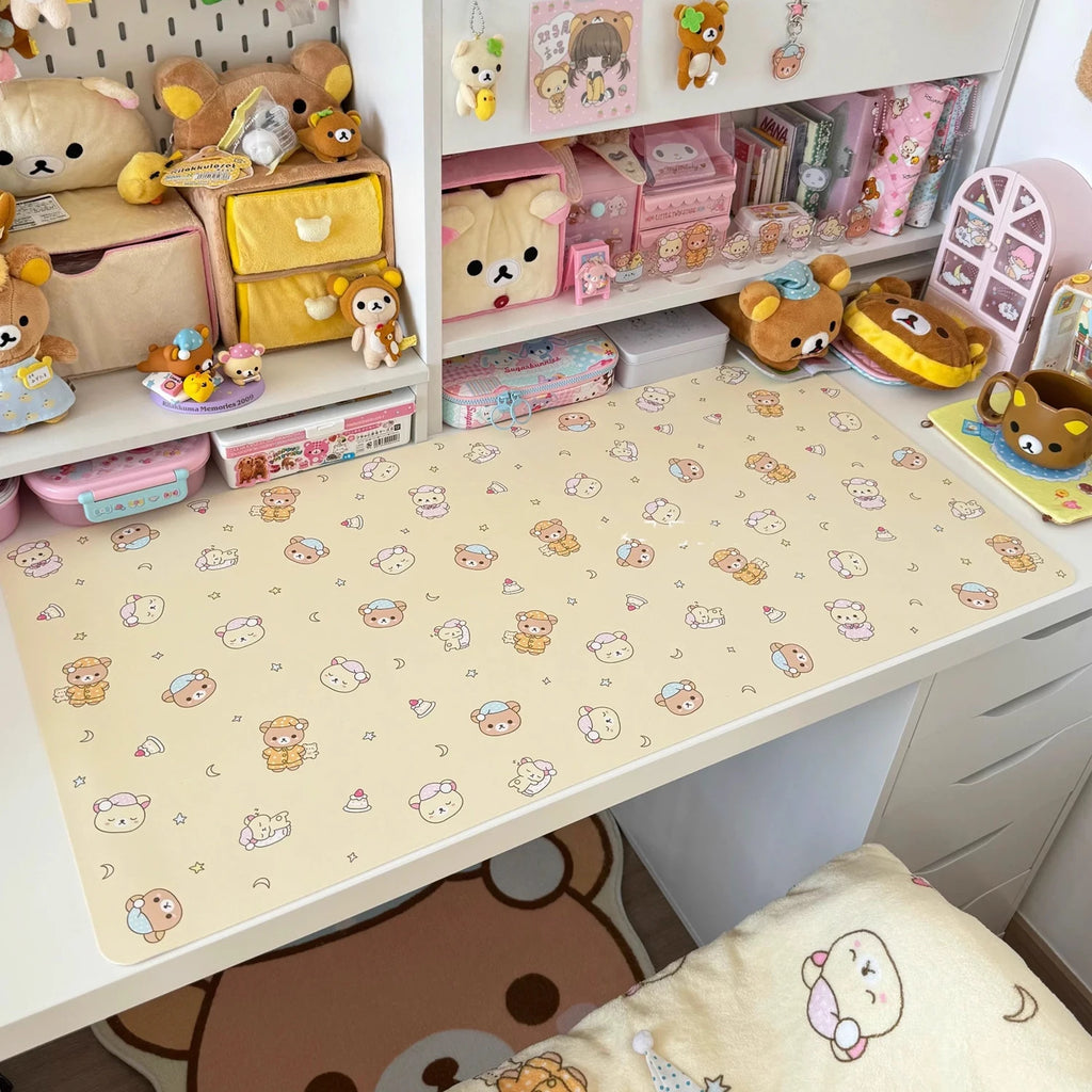 Cute Cartoon Rilakkuma Ins Aesthetic PU Leather Desk Mat | Waterproof Heat-Resistant Mouse Pad for Dorm Office, Kawaii Decor