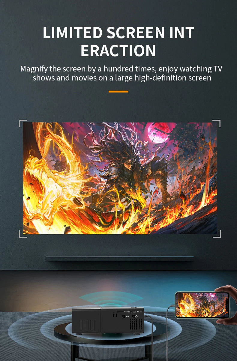 Mini portable projector,Supports wired screen mirroring for smartphones，support full HD 1080P, Compatible HD/USB/AV/TV Stick