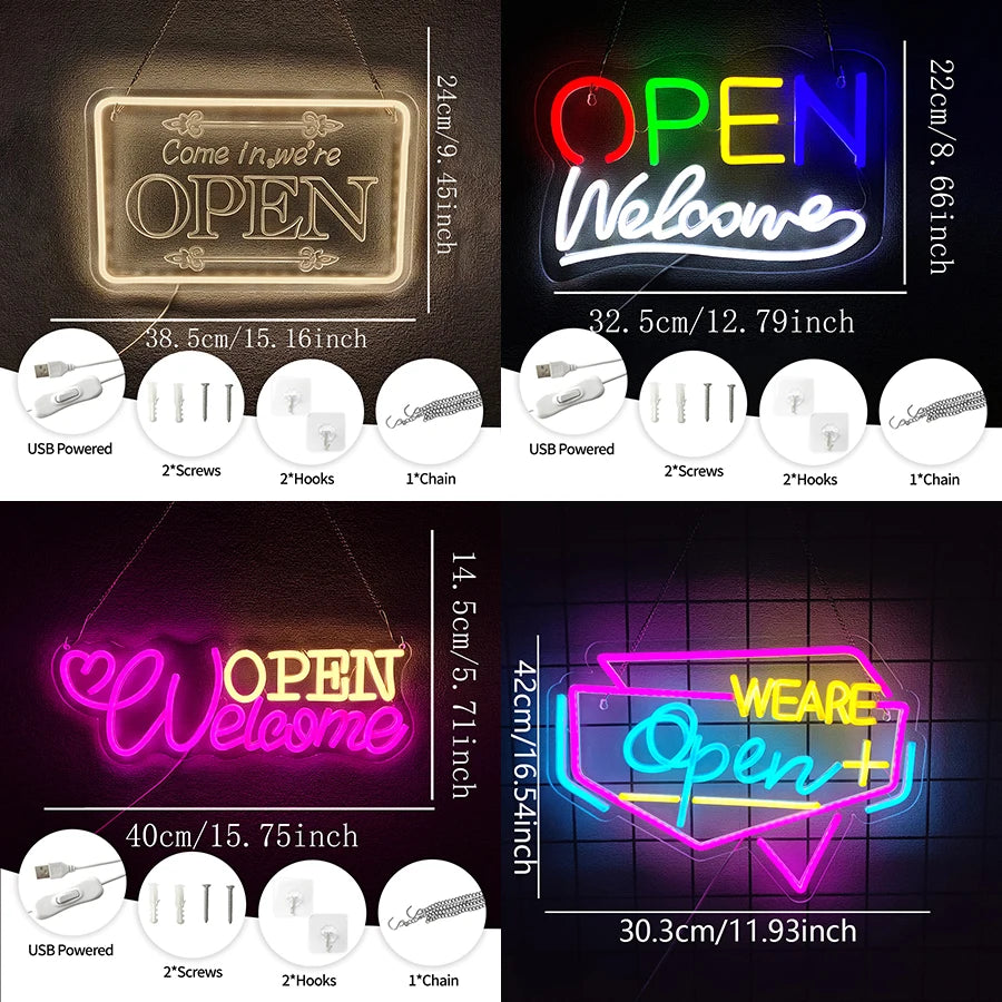 LED Neon Open Sign for Business, Led Neon Lights for Party Bar Salon Stores Hotel Wall Decor Come in we're Open,USB Powered