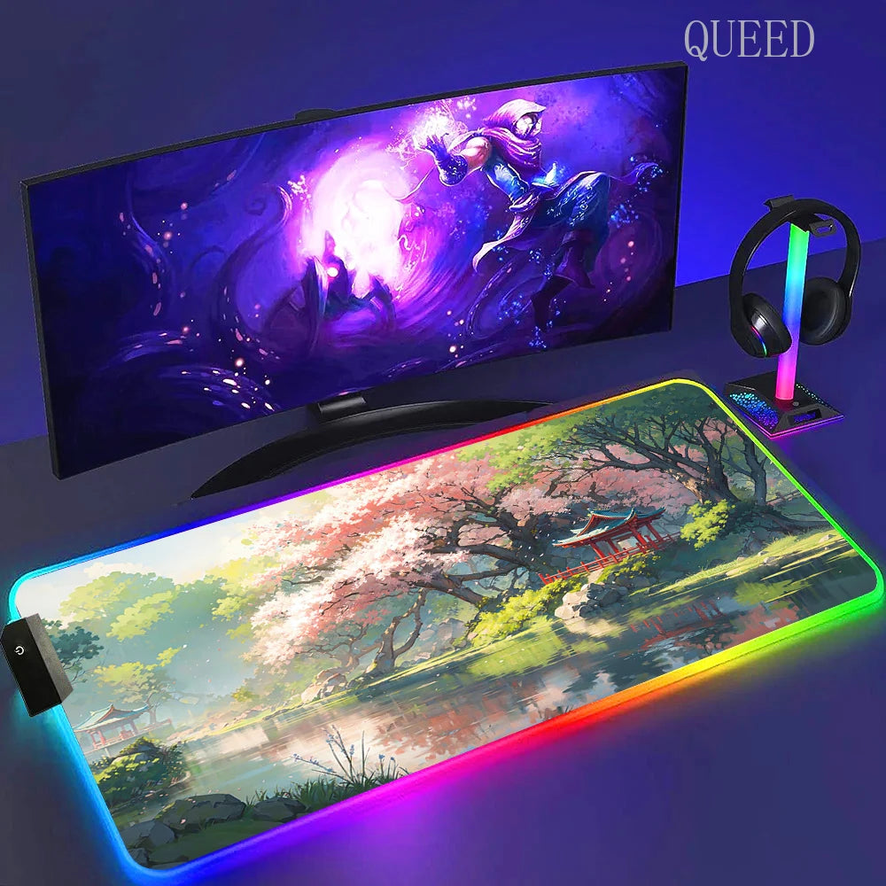 Led Large Desk Mat Fantasy Mountain Landscape Rgb Mousepad Carpet with Backlight Mausepad Lockrand Colorful Mouse Pad Desk Mats