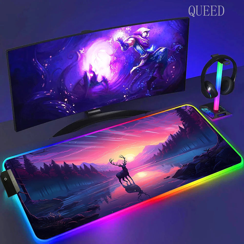 Led Large Desk Mat Fantasy Mountain Landscape Rgb Mousepad Carpet with Backlight Mausepad Lockrand Colorful Mouse Pad Desk Mats