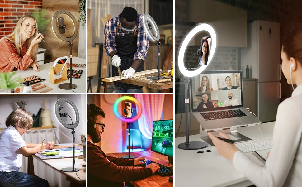 RGB Desk Ring Light with Stand and Phone Holder - 10.5'' Desktop Light Ring for Video Recording, Podcast, Selfie, Zoom Lighting