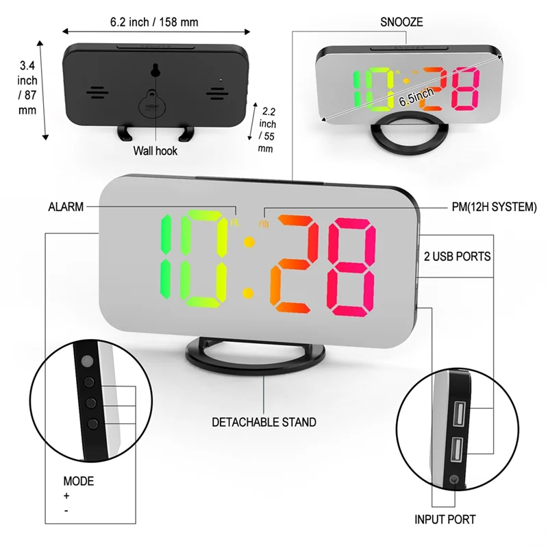A36T-Digital Alarm Clock RGB Colorful Large Screen Display Smart Mirror Alarm Clock Date Display For Room Decoration