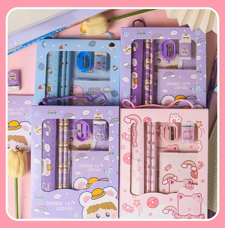 New Cartoon Stationery Set Including Pencil Notebook Ruler Eraser Pencil Sharpener Student School Supplies Stationery Gifts