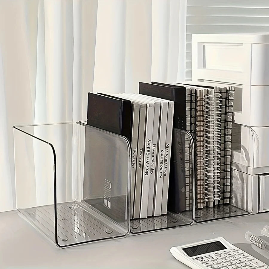 Clear Acrylic Desk Organizer with Multi Compartments. Transparent book stand, file & stationery holder for office & dorm.