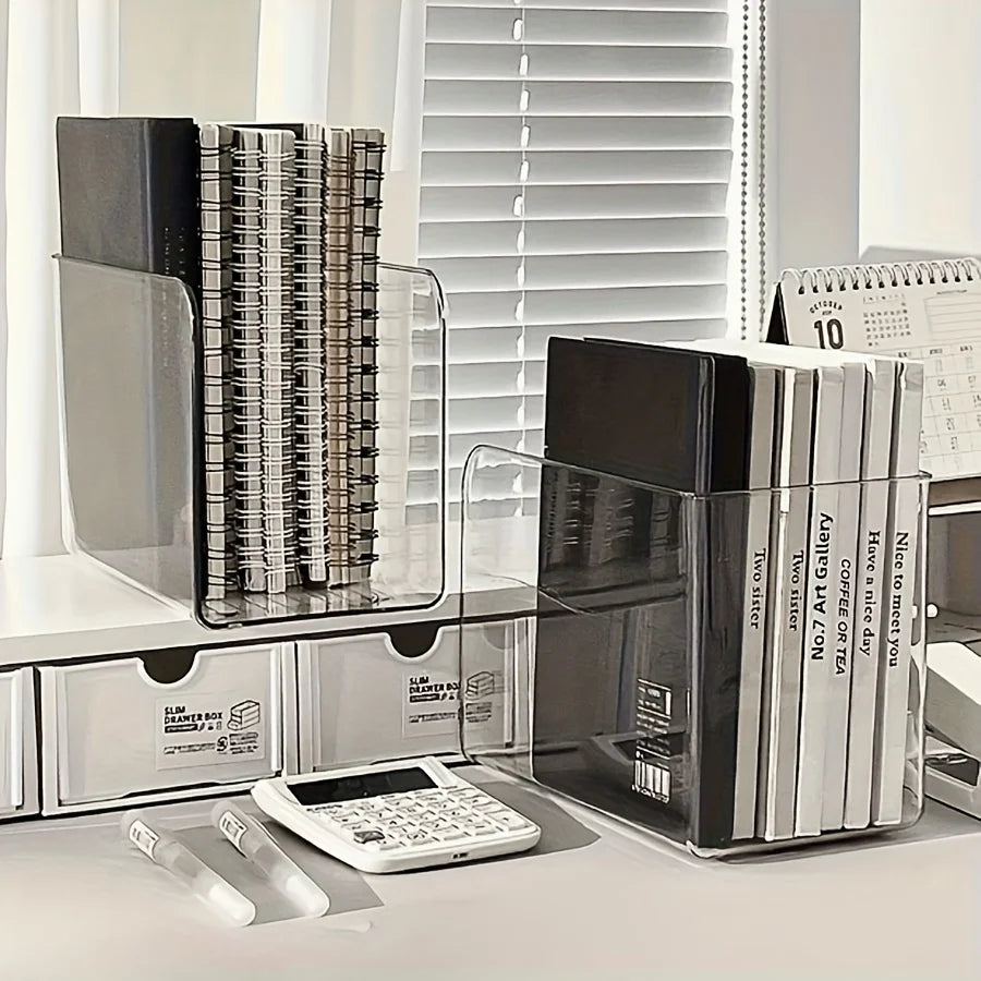 Clear Acrylic Desk Organizer with Multi Compartments. Transparent book stand, file & stationery holder for office & dorm.