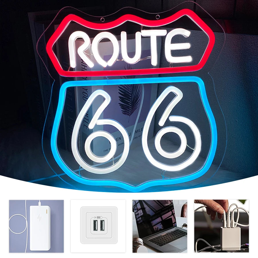 66 Route Led Neon Sign, Used For Wall Decor, Usb Powered, Used For Room, Club, Bar, Game Room, Man Cave Aesthetic Wall Lamp.