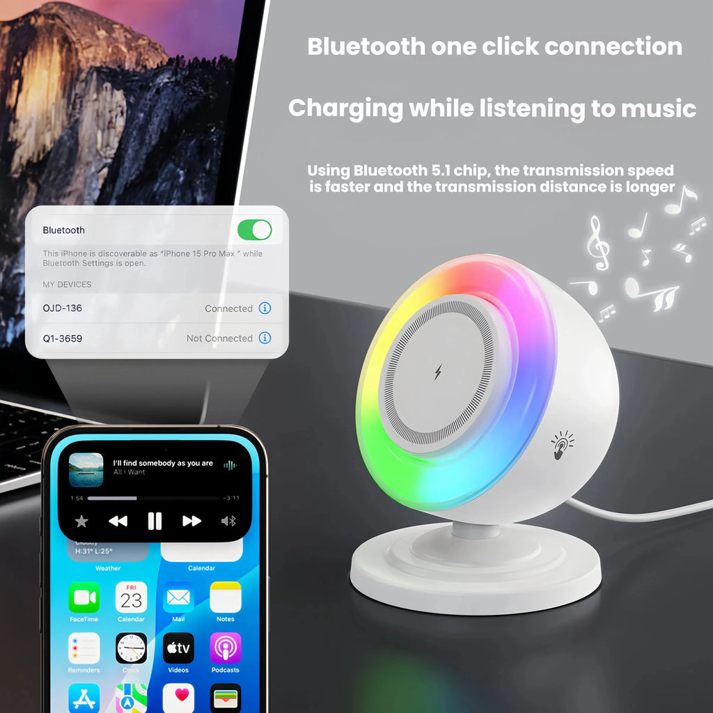 Wireless Charger Bluetooth Speaker and Night Lights  4 in 1 Phone Charging Station  for Home Decor, Bedroom Office