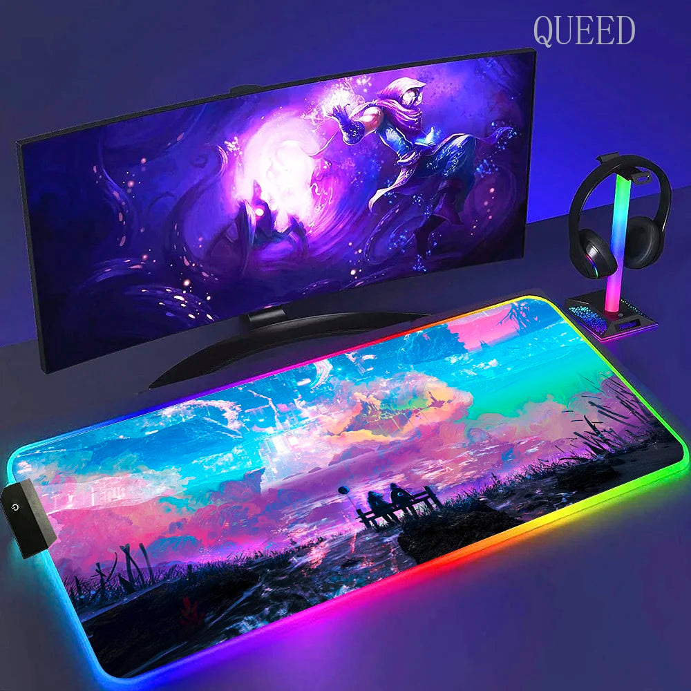 Led Large Desk Mat Fantasy Mountain Landscape Rgb Mousepad Carpet with Backlight Mausepad Lockrand Colorful Mouse Pad Desk Mats