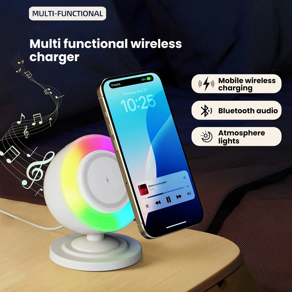 Wireless Charger Bluetooth Speaker and Night Lights  4 in 1 Phone Charging Station  for Home Decor, Bedroom Office