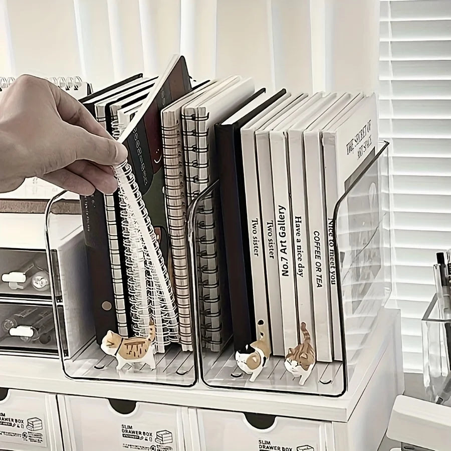 Clear Acrylic Desk Organizer with Multi Compartments. Transparent book stand, file & stationery holder for office & dorm.