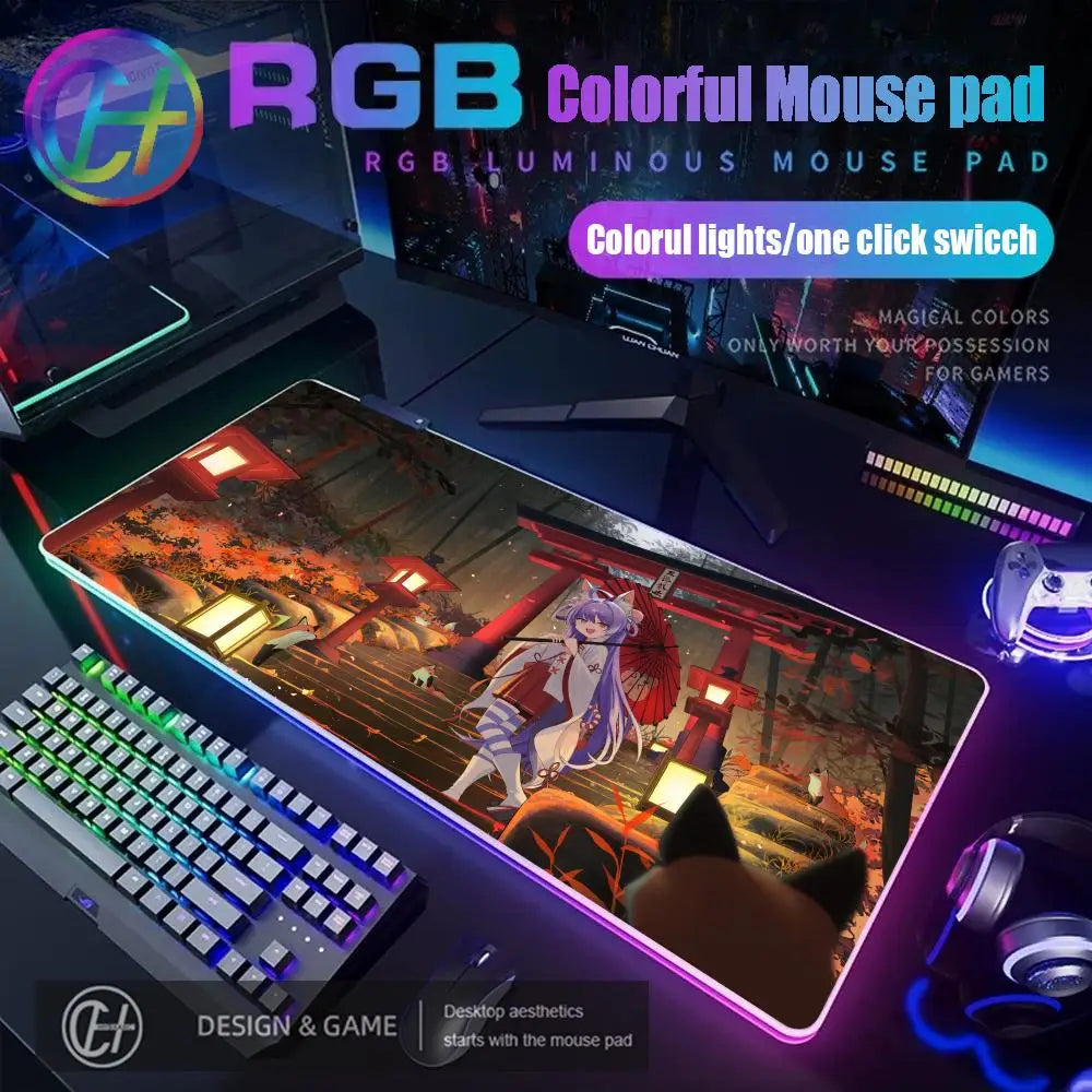 Cute Anime Girl Kawaii Mouse Pad RGB Gaming Mouse Pad Desk Mat HD Gamer Large LED Light XXL MousePads PC Computer Carpet
