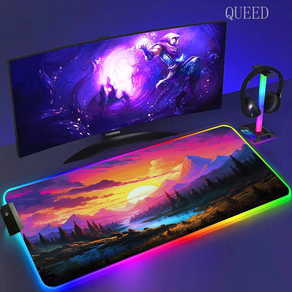 Led Large Desk Mat Fantasy Mountain Landscape Rgb Mousepad Carpet with Backlight Mausepad Lockrand Colorful Mouse Pad Desk Mats