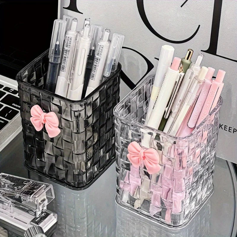 1pc Clear Acrylic Desk Organizer with Bow Accent-Durable Pen Holder and Storage Basket for Office Supplies,Pens,and Accessories