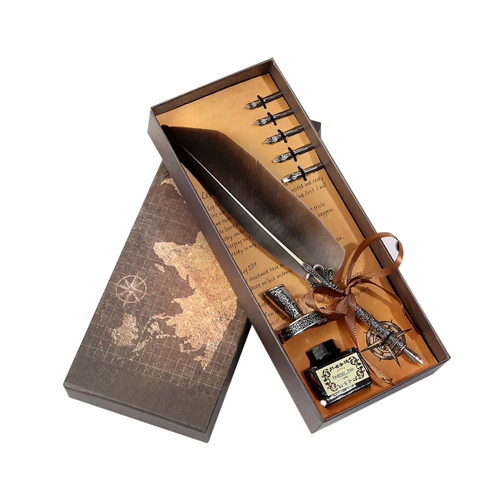 Retro Feather Pen Writing Ink Set Stationery Exquisite Feather Dip Pen Stamp Set Art Supplies Crafts Gifts for Student DIY