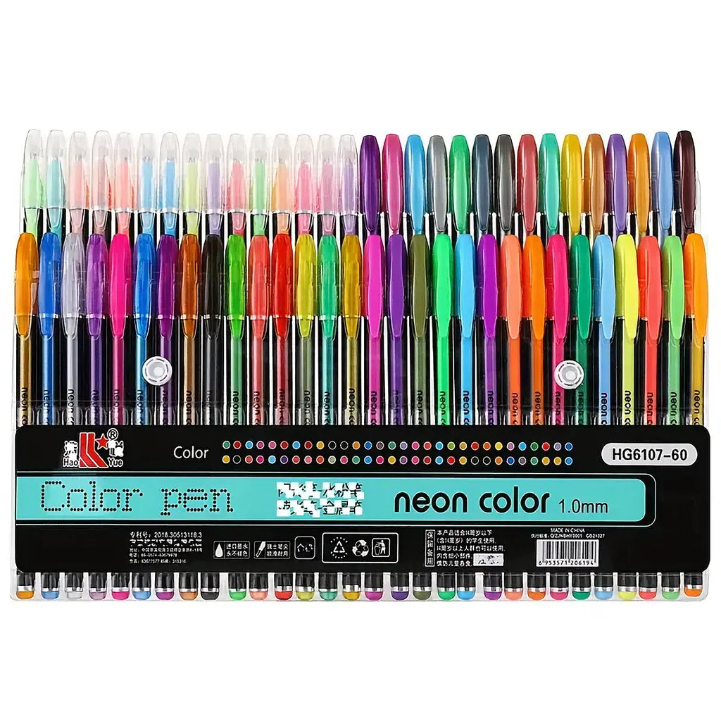 60pcs Multi-Color Pen Set - Glitter, Metallic, Neon, Pastel & Classic Shades - Water-Based Gel Pens for Writing, Drawing