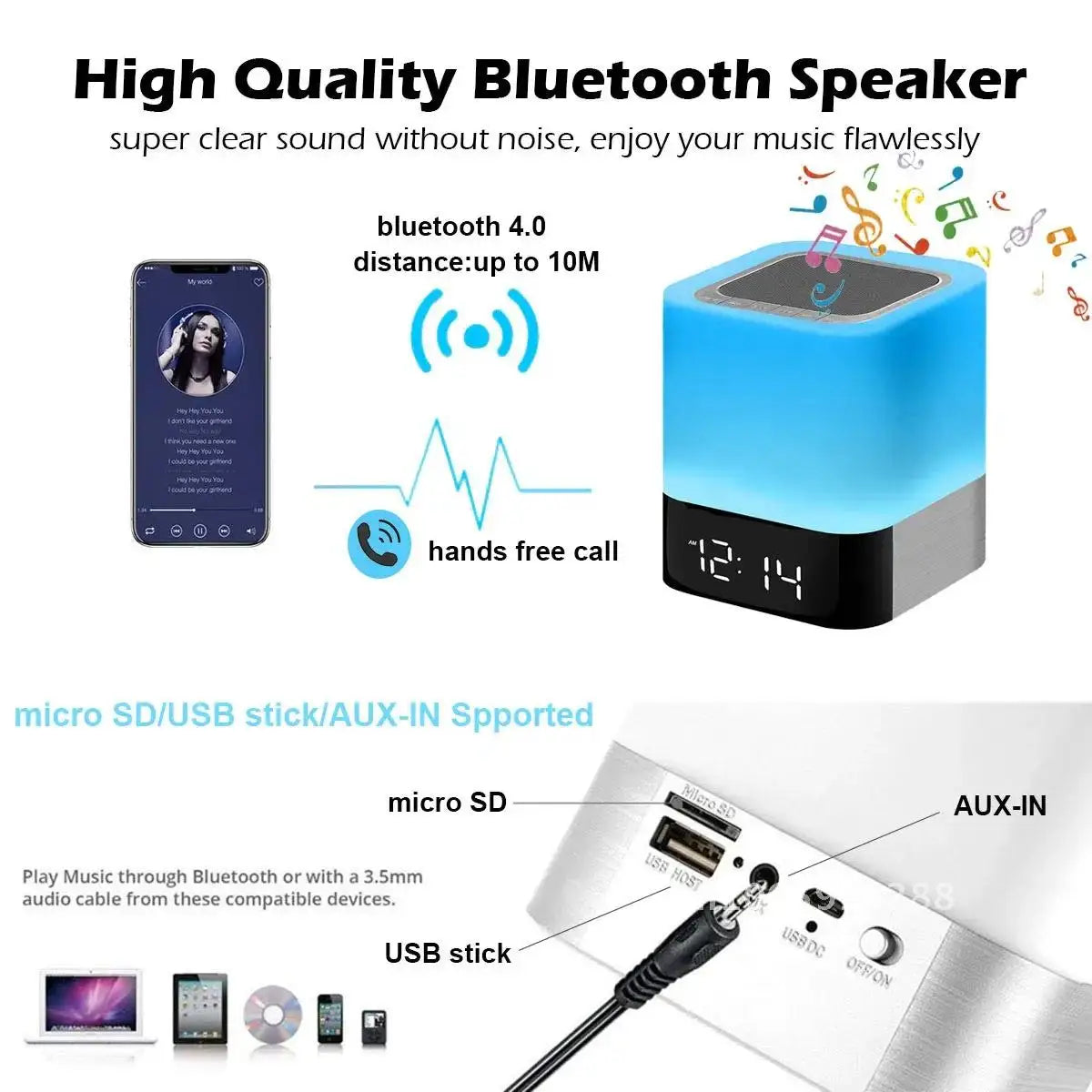 Color Changing Bluetooth Speaker Night Lamp Digital Alarm Clock Player Bedside Sensor Lights Girls MP3 for Gift Touch Boys