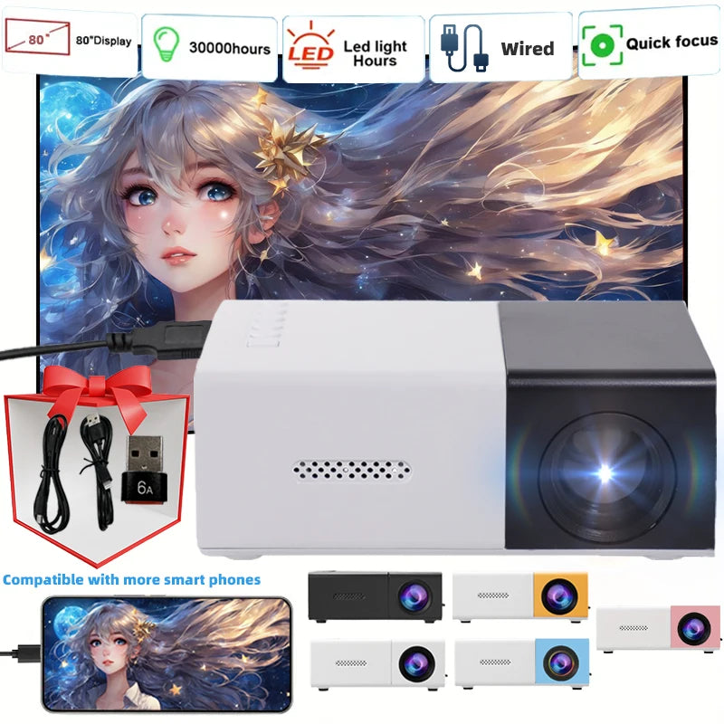Mini portable projector,Supports wired screen mirroring for smartphones，support full HD 1080P, Compatible HD/USB/AV/TV Stick