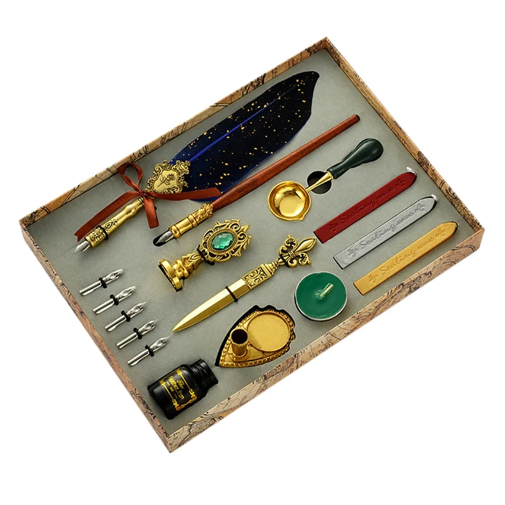 Retro Feather Pen Writing Ink Set Stationery Exquisite Feather Dip Pen Stamp Set Art Supplies Crafts Gifts for Student DIY