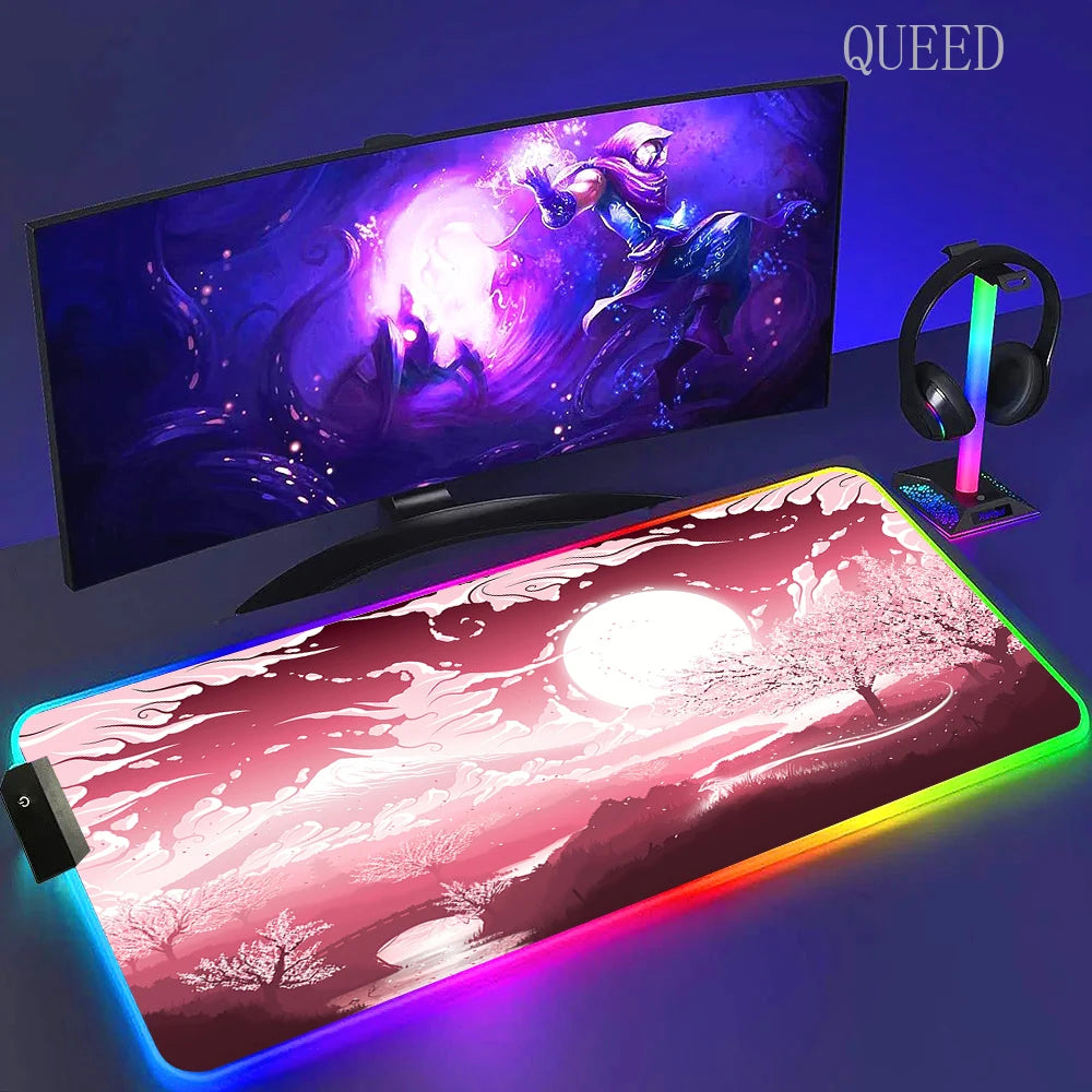 Led Large Desk Mat Fantasy Mountain Landscape Rgb Mousepad Carpet with Backlight Mausepad Lockrand Colorful Mouse Pad Desk Mats