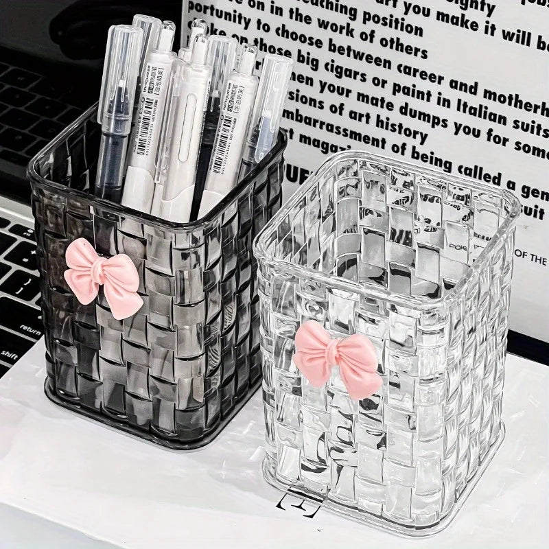 1pc Clear Acrylic Desk Organizer with Bow Accent-Durable Pen Holder and Storage Basket for Office Supplies,Pens,and Accessories