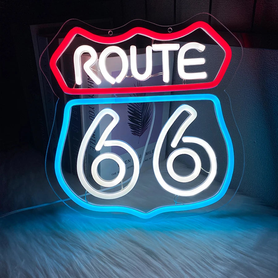 66 Route Led Neon Sign, Used For Wall Decor, Usb Powered, Used For Room, Club, Bar, Game Room, Man Cave Aesthetic Wall Lamp.